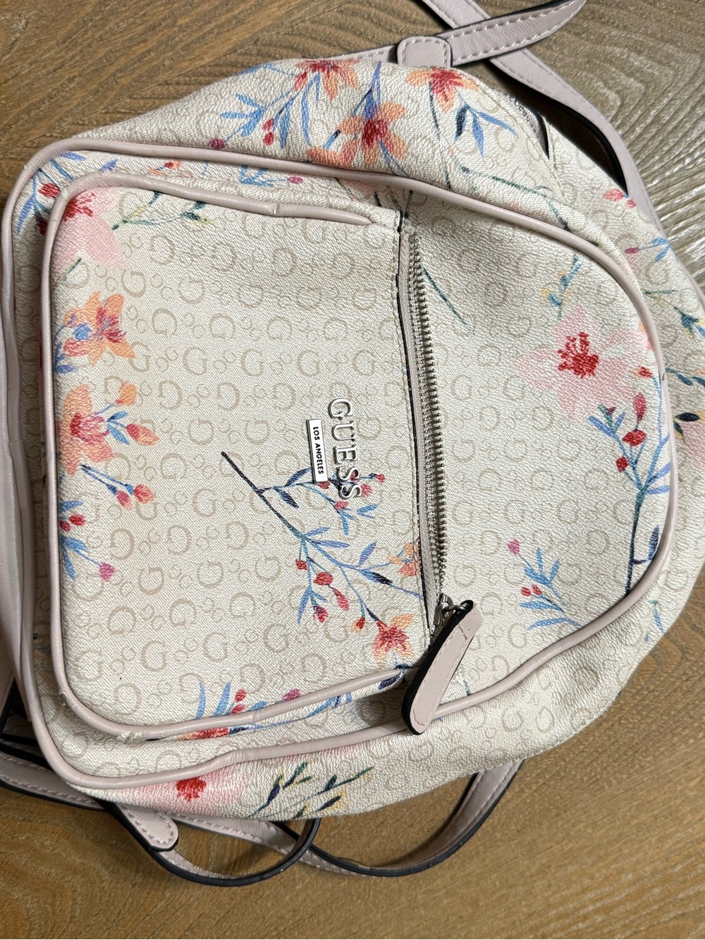 GUESS Cream Floral Mini Backpack with Pink and Blue Accents